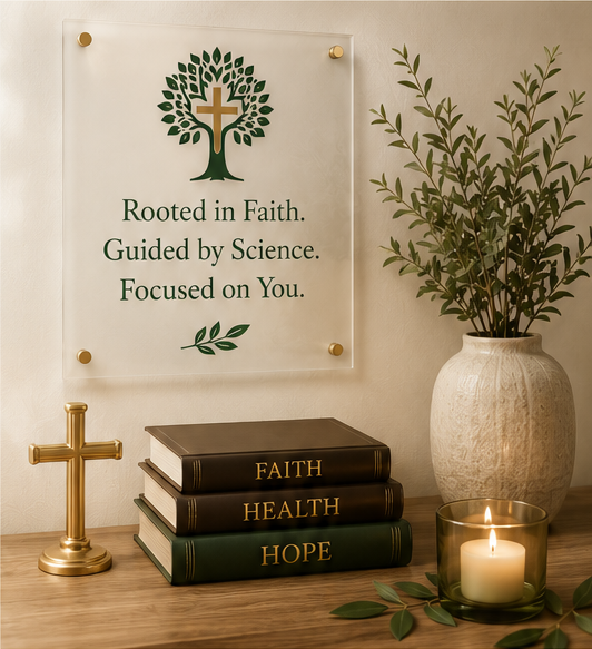 Rooted in Faith, Guided by Science, Focused on You sign beside books labeled Faith, Health, and Hope