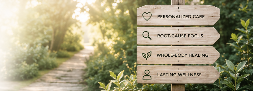 A sunlit garden path beside signs for personalized care, root-cause focus, whole-body healing, and lasting wellness