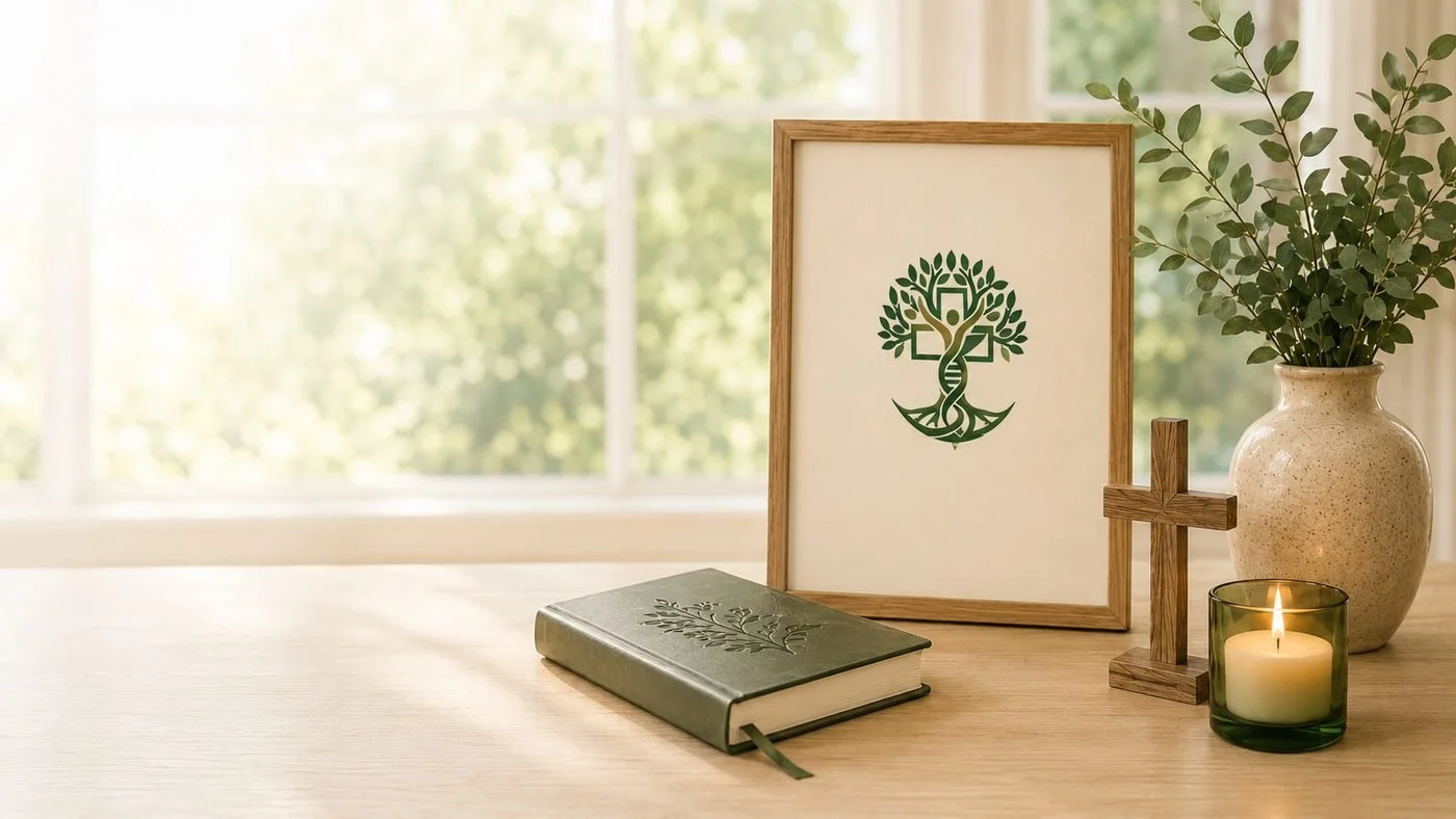 Framed Blended Functional Medicine print on a wooden table beside a book, wooden cross, lit candle, and a vase of greenery