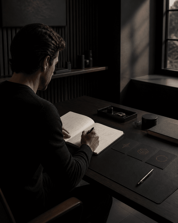 A person intentionally designing a clear personal operating system in a notebook