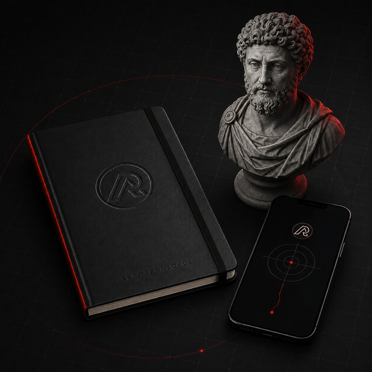 AlphaProtocol Resonance with Marcus Aurelius, notebook, and phone
