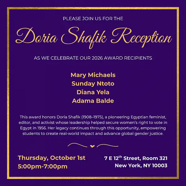 Purple and gold Doria Shafik Reception invitation listing Mary Michaels among the 2026 award recipients.