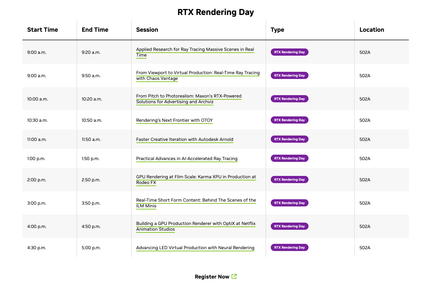 NVIDIA RTX Rendering Day schedule showing From Viewport to Virtual Production: Real-Time Ray Tracing with Chaos Vantage