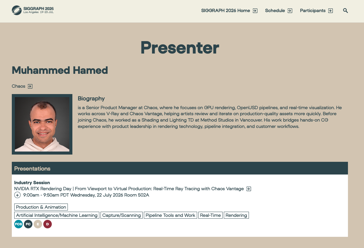 Muhammed Hamed official presenter profile on the SIGGRAPH 2026 website