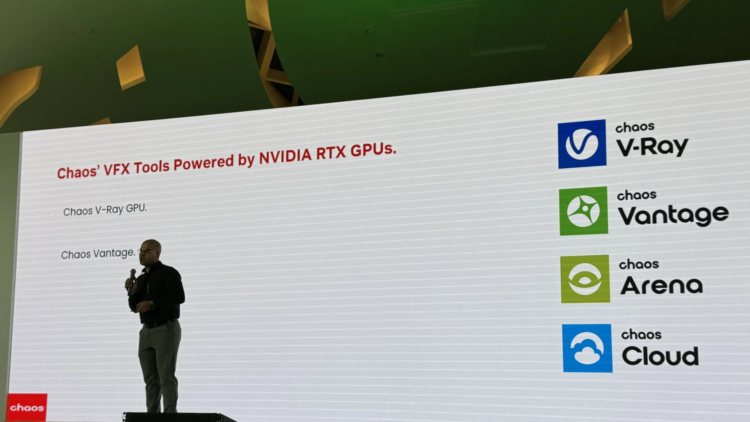 Presentation slide showing Chaos tools and NVIDIA RTX focus