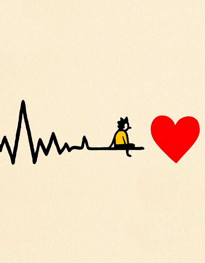 ECG chart illustration with man holding the heart toward the flat line