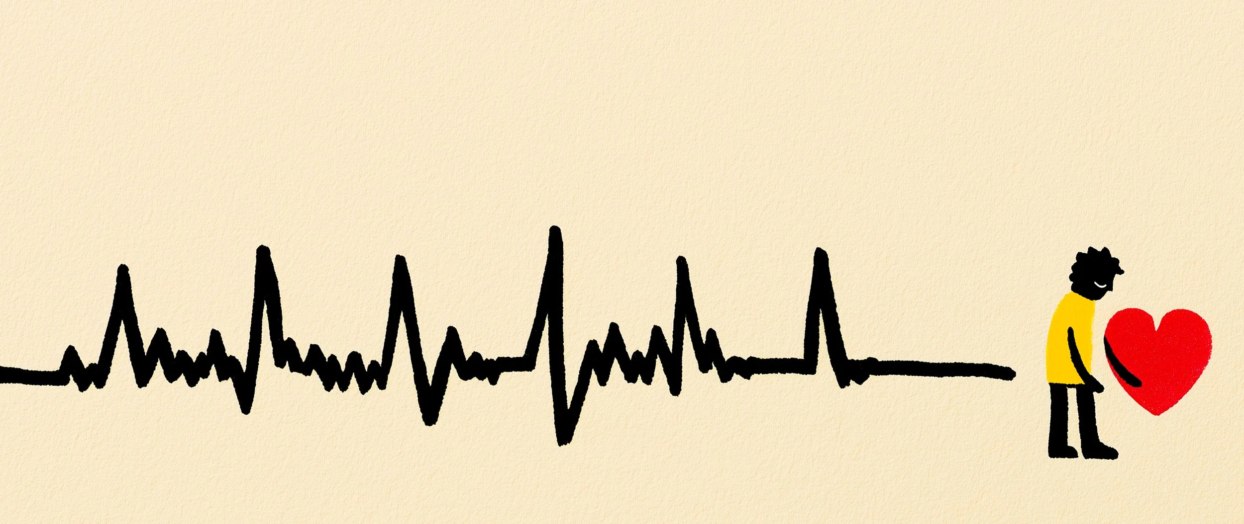 ECG chart illustration with man holding the heart toward the flat line