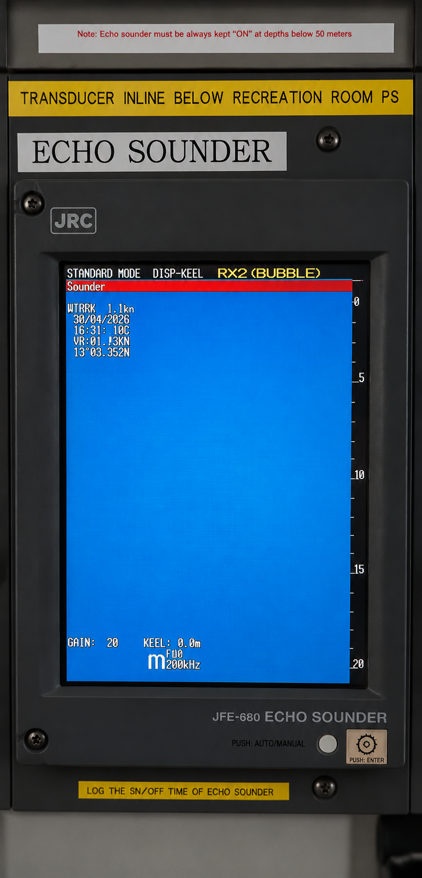 Echo sounder display showing active operation without valid depth indication