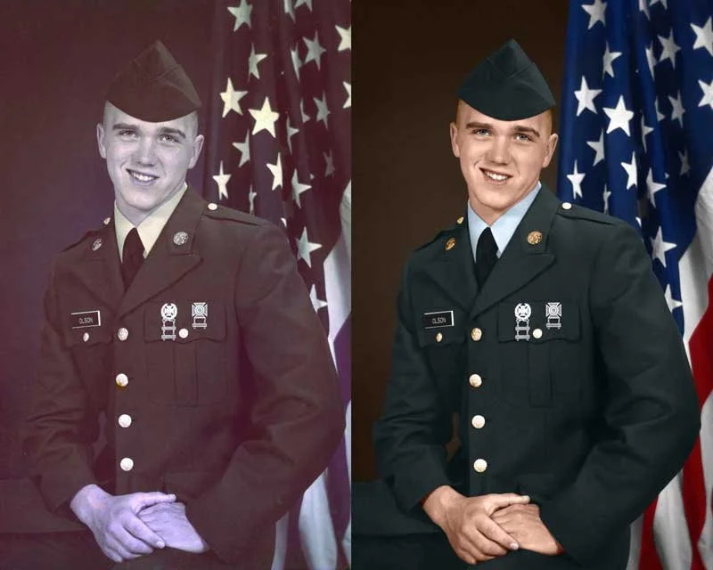 A before-and-after example of a restored military portrait