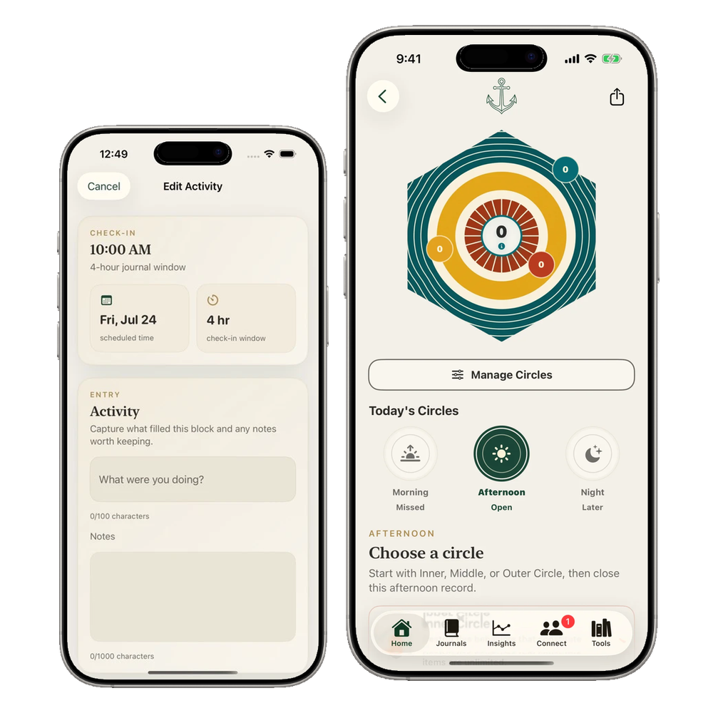 T30 Time Blocks and Circle Check-In shown in two complete iPhone 16 devices