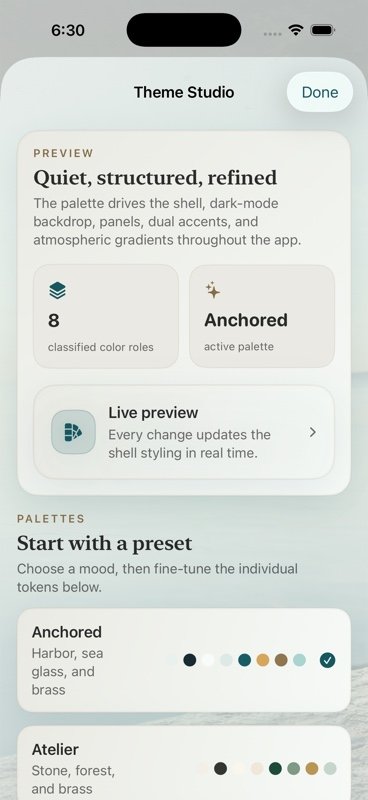 Theme Studio palette presets and live preview in Anchored