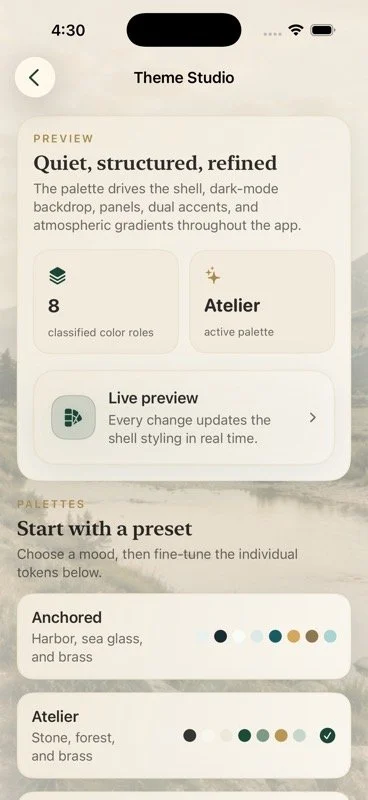 Theme Studio palette presets and live preview in Ascension