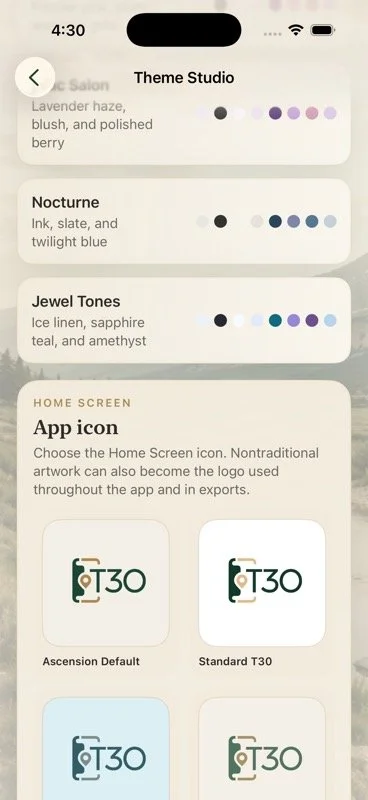 Theme Studio Home Screen icon and app logo options in Ascension