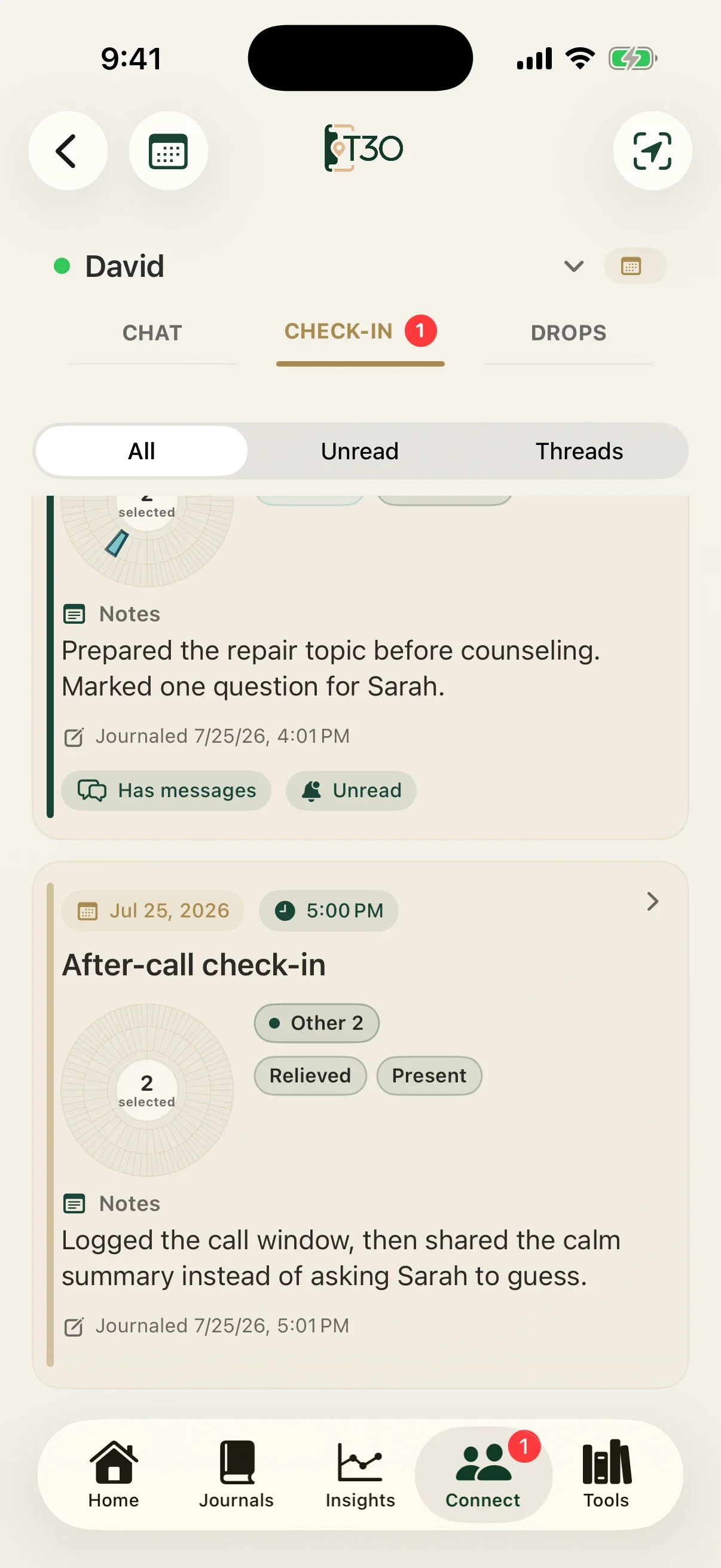 Anchored partner feed showing a check-in David chose to share