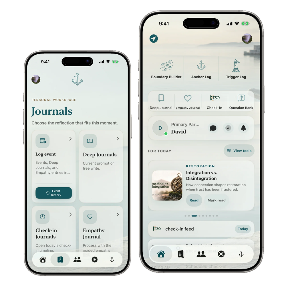 Anchored journal area and Anchored home shown in two complete iPhone 16 devices
