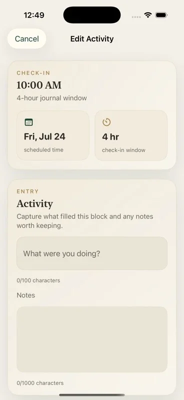 Ascension by T30 Check-In Journal entry screen