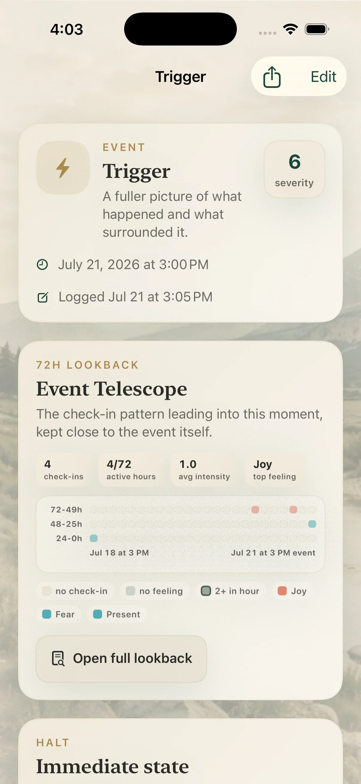 Ascension by T30 Significant Event detail and lookback screen