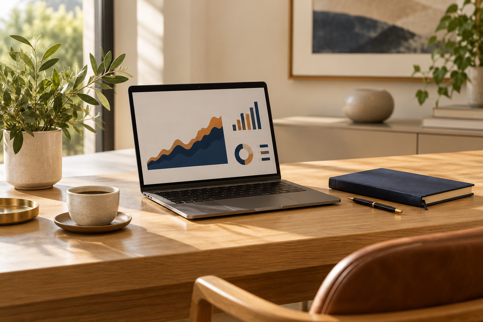 An orderly workspace with illustrative financial charts, a navy notebook, and warm natural light