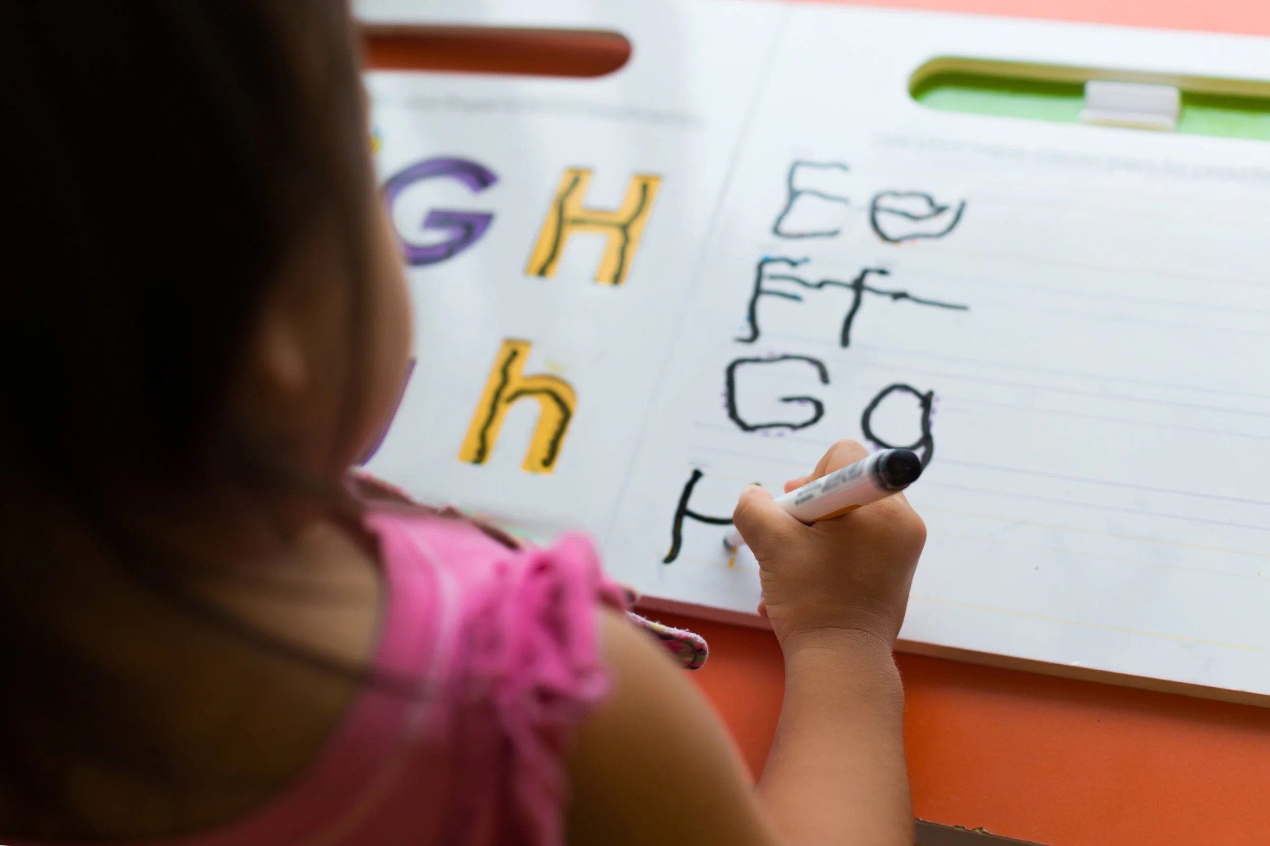 Child reading a picture book, representing language and literacy