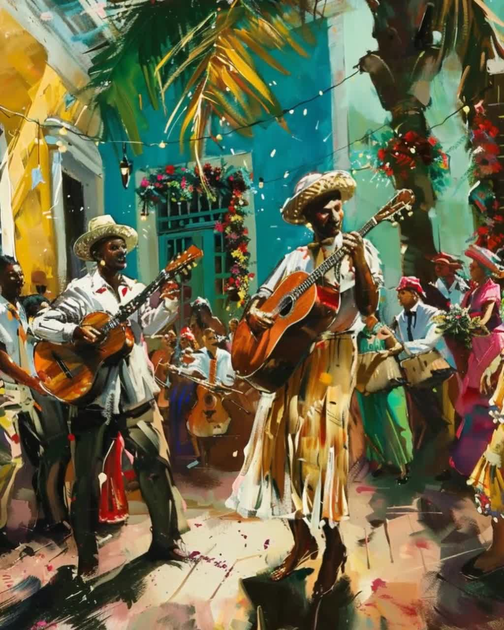 Músicos y miembros de la comunidad celebrando una parranda puertorriqueña