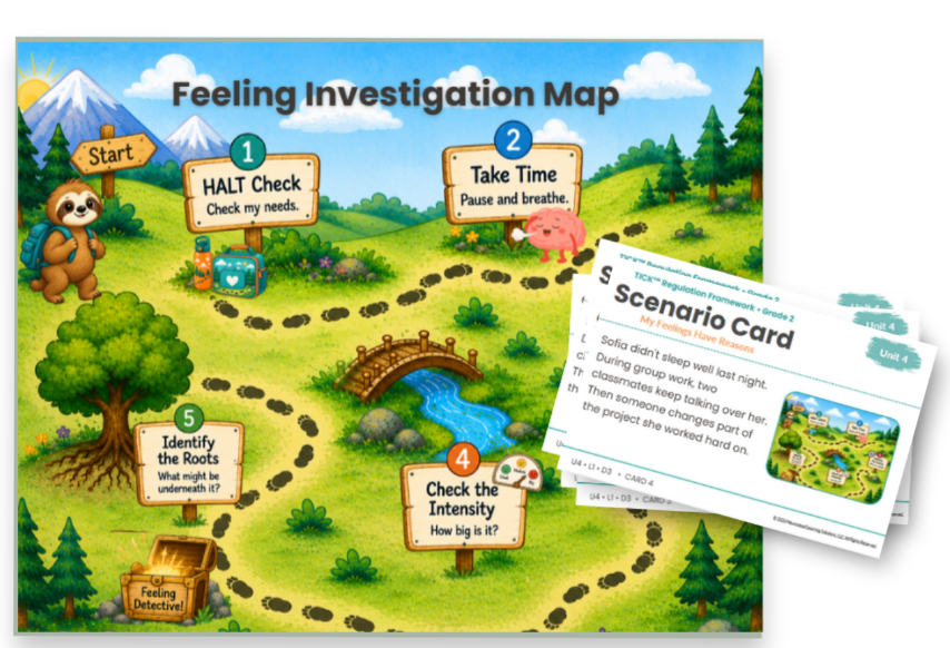 Feeling Investigation Map and scenario cards from the TICK curriculum