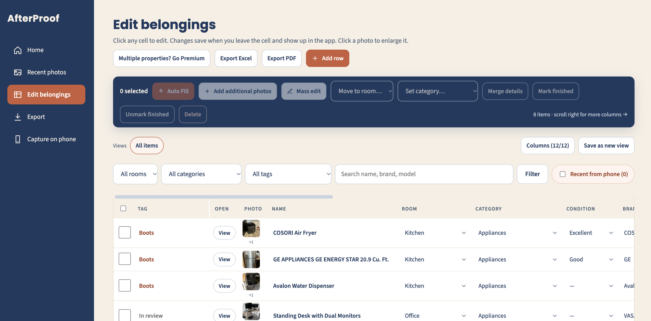 The AfterProof web app Edit belongings screen, a spreadsheet style table of items with room, category and condition columns and bulk edit buttons