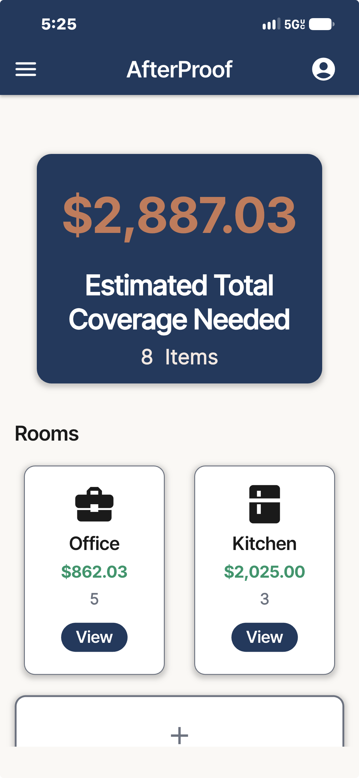 The AfterProof phone app home screen showing estimated total coverage needed and room cards for Office and Kitchen