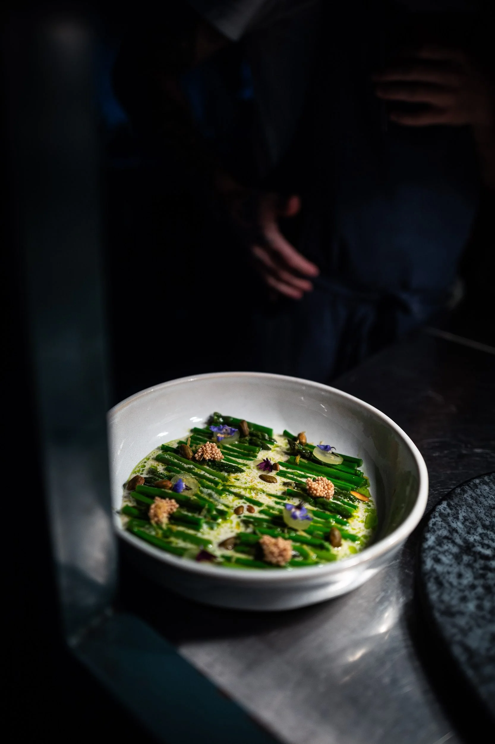 Asparagus edible flowers broth