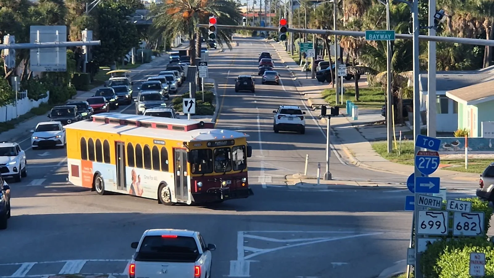 Beach trolley at a junction near St Pete Beach, Travelling Pandas in St Pete Beach