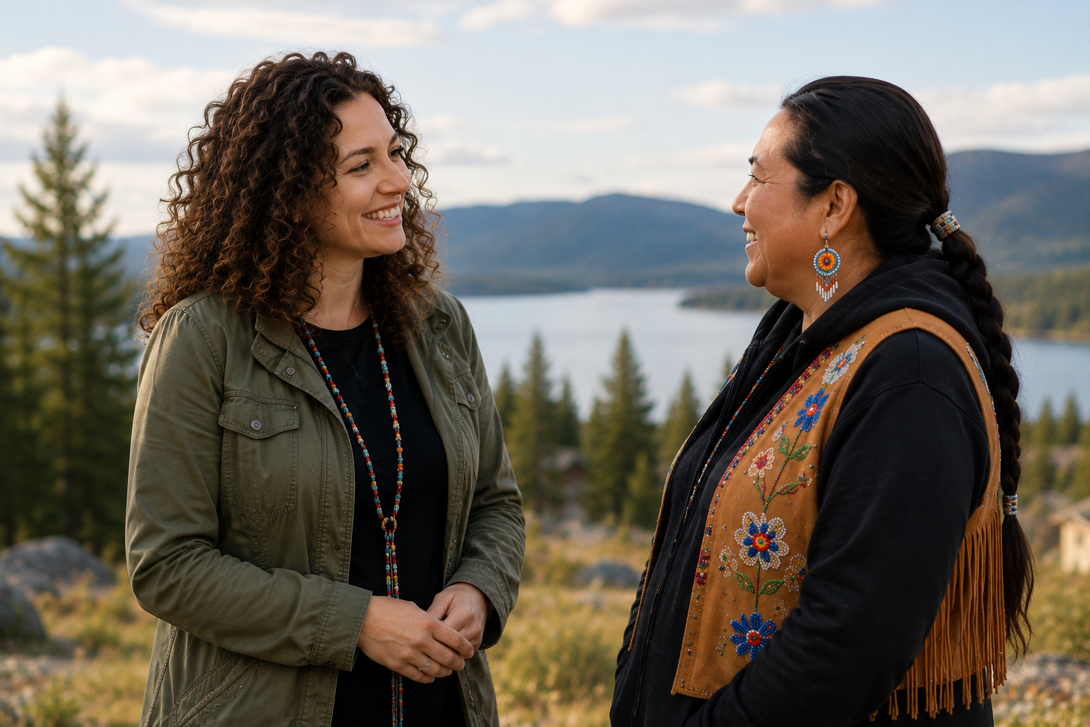 A staff member talking with a First Nations community member outside, both smiling