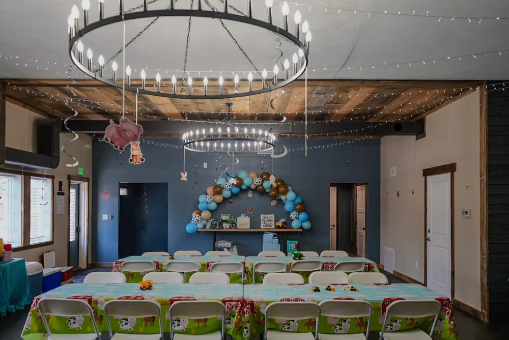 Farm-themed baby shower set-up under the chandelier