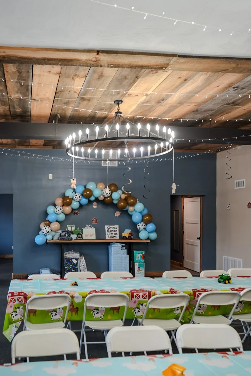 Farm baby shower tables with barnyard tablecloths