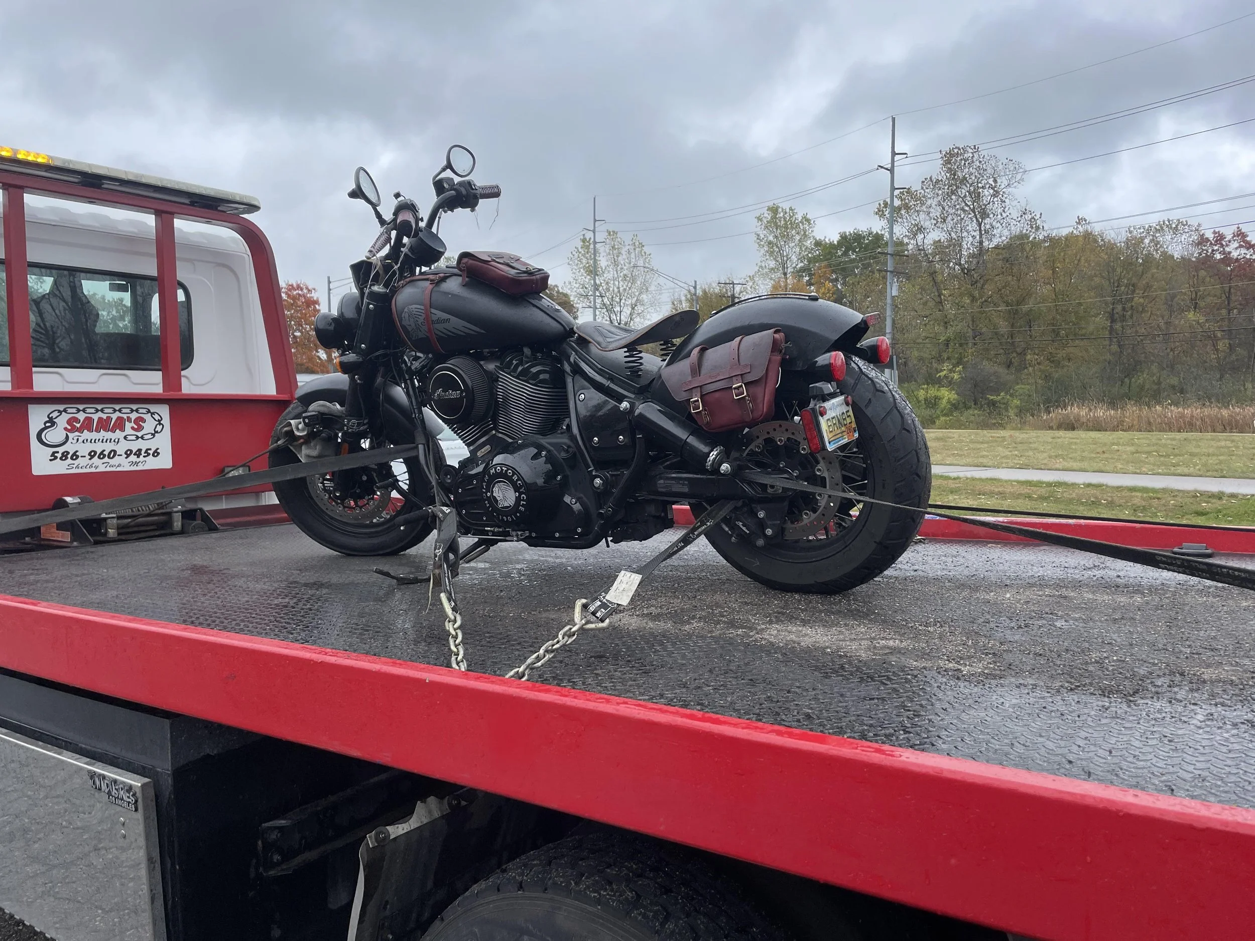 Indian motorcycle towed by Sana's Towing