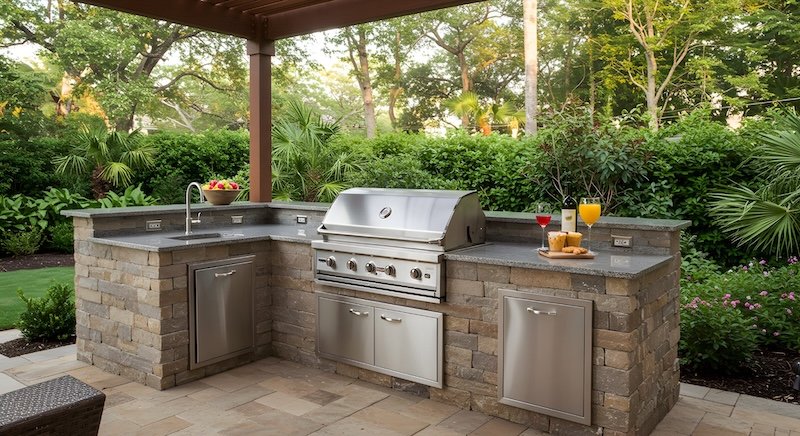 Outdoor kitchen and patio built by Outdoor Solutions