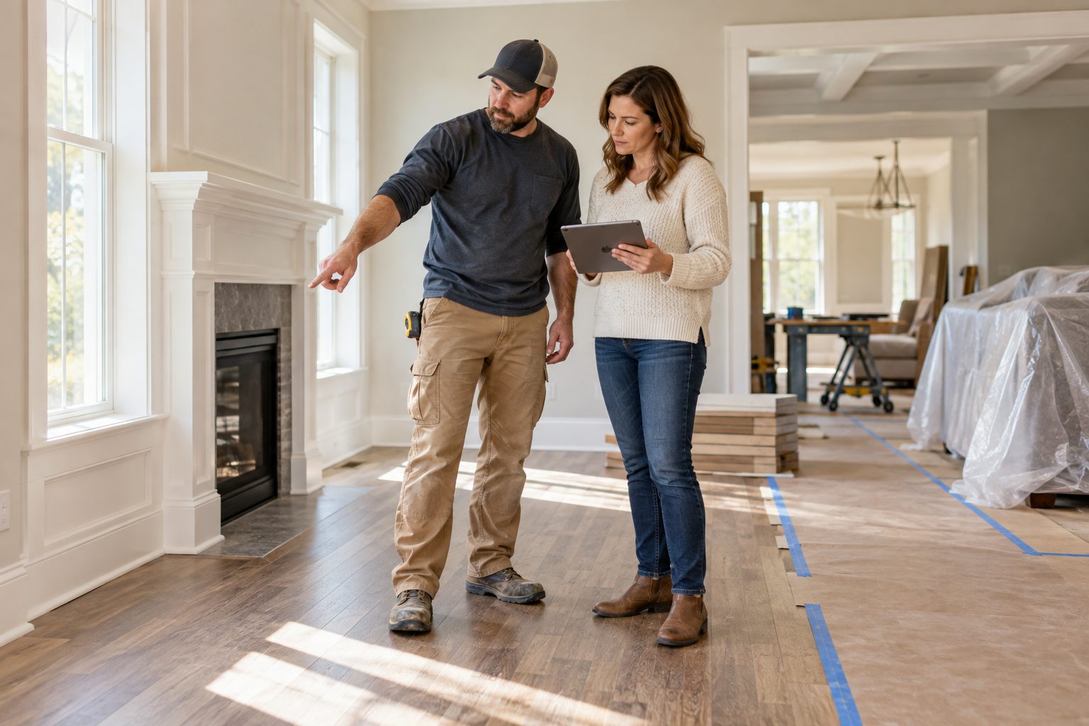 Residential contractor reviewing a completed project milestone with a homeowner before a progress payment.