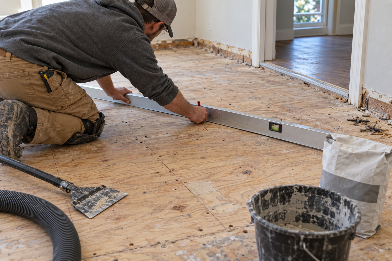 Flooring contractor checking plywood subfloor flatness with a straightedge before installation