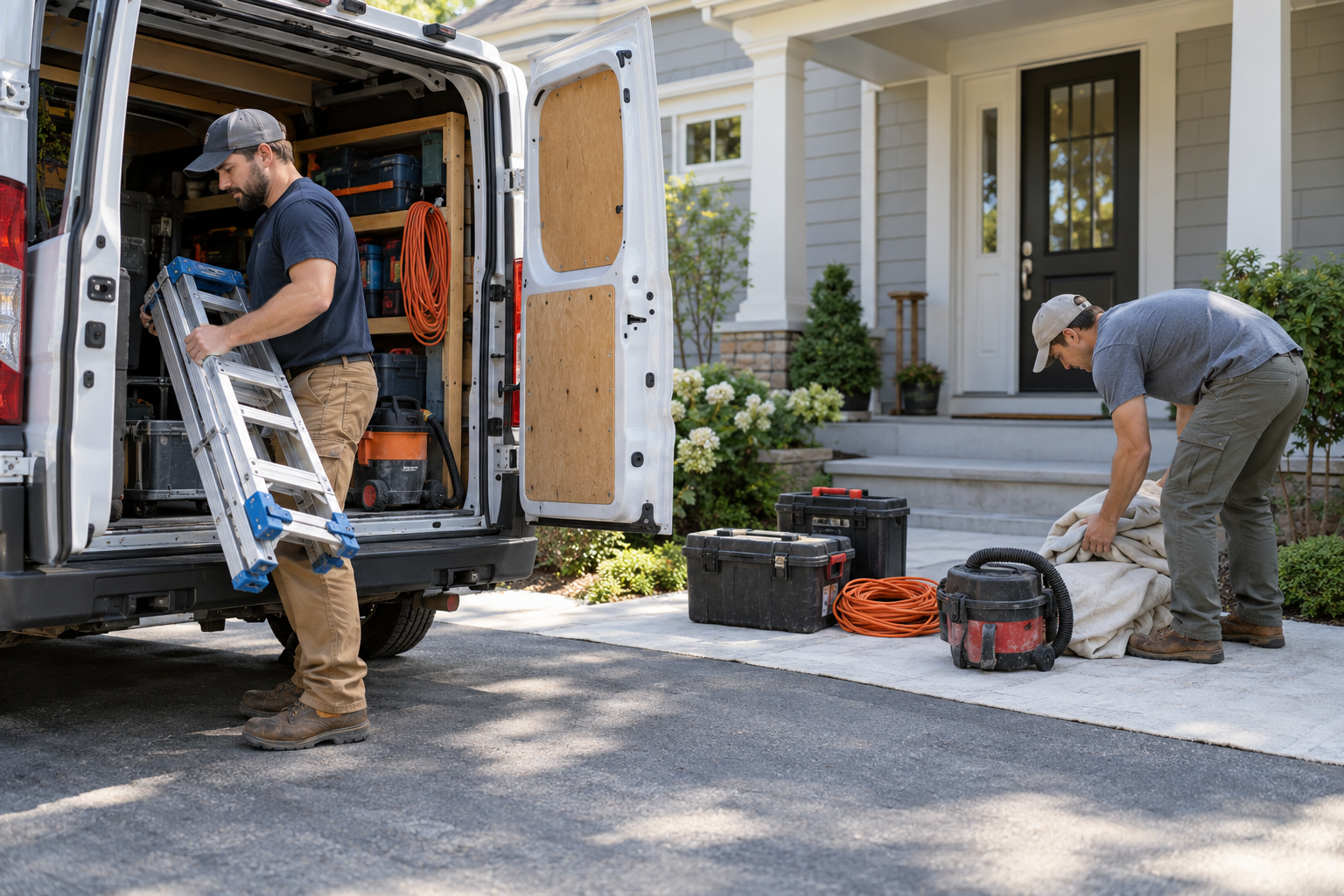 Residential contracting crew unloading ladders, tools, drop cloths, and a shop vacuum before a small home project