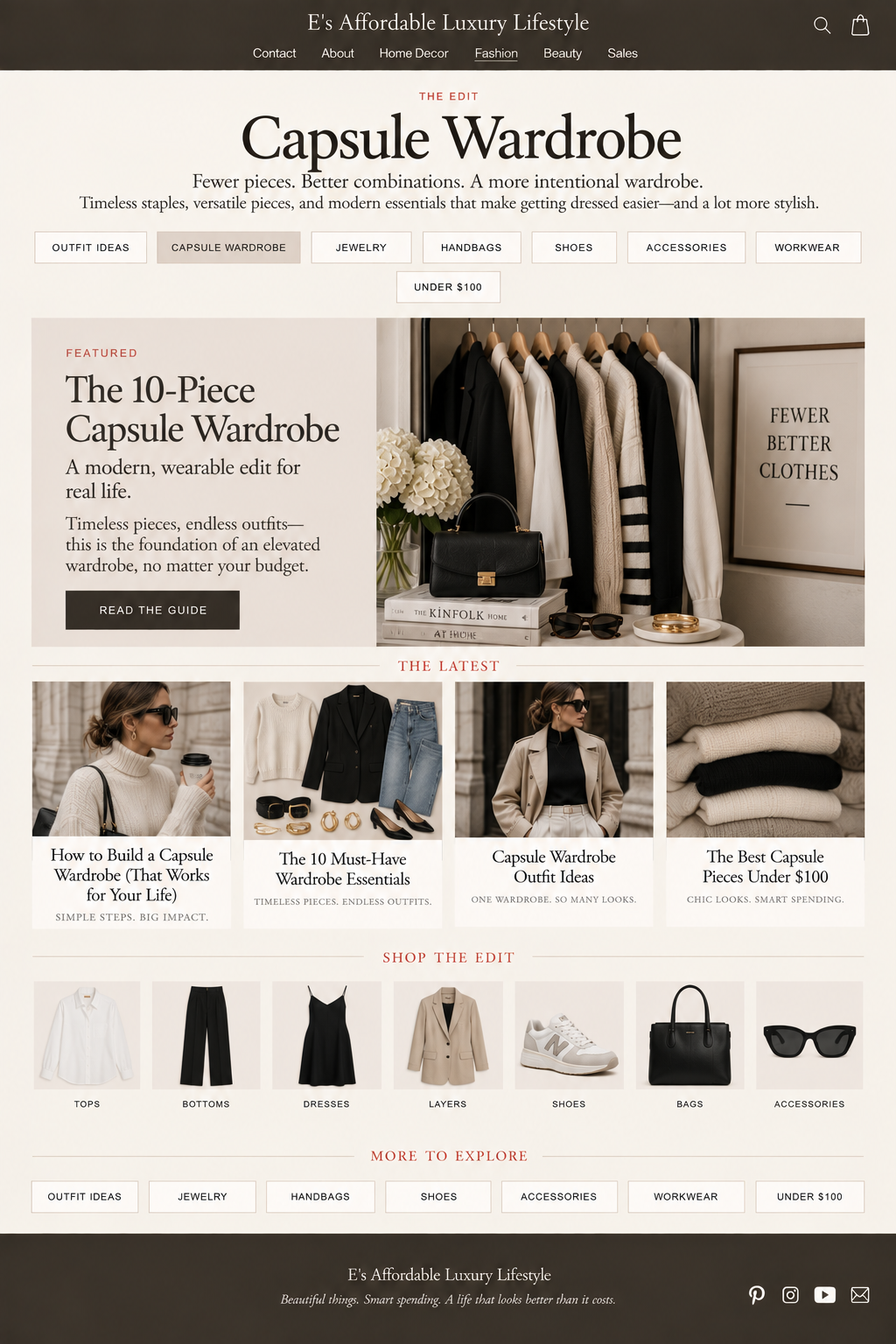 Neutral capsule wardrobe with tops, trousers, shoes and accessories