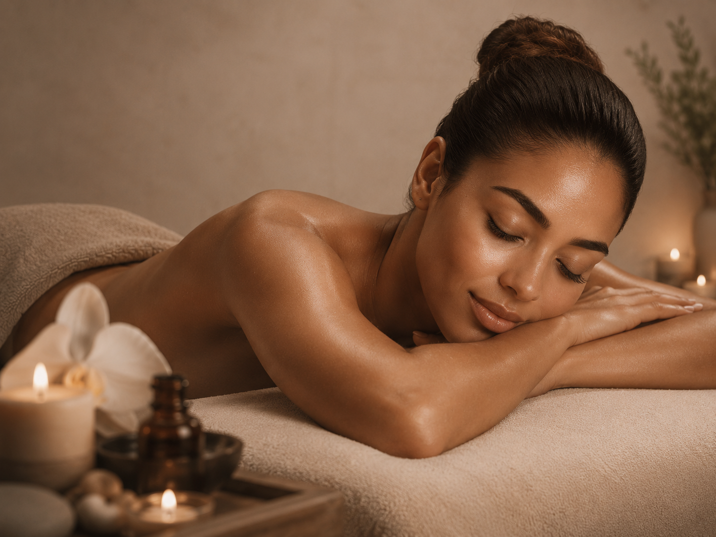 Woman smiling wrapped in a spa towel
