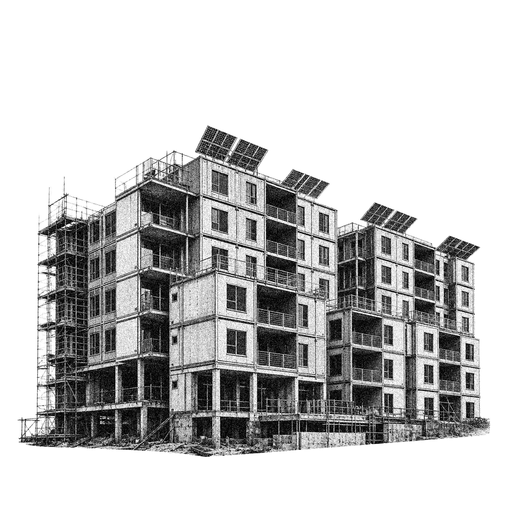 Grainy black-and-white illustration of modular apartment buildings under construction