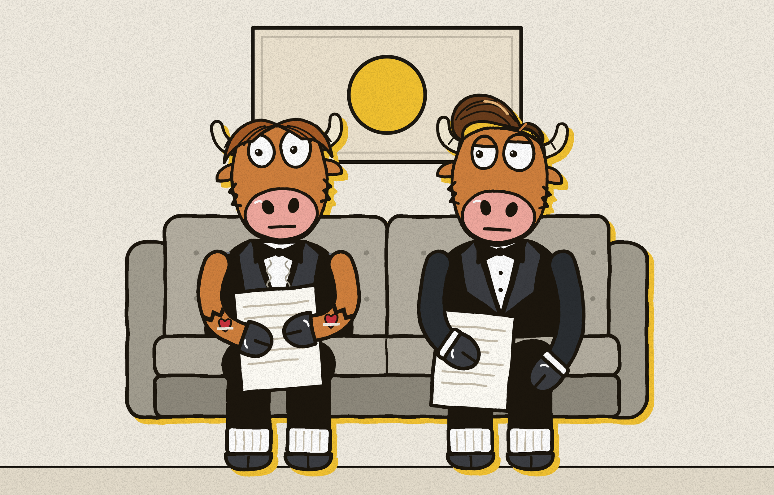 Two Highland cows in tuxedos sitting on a couch, talking