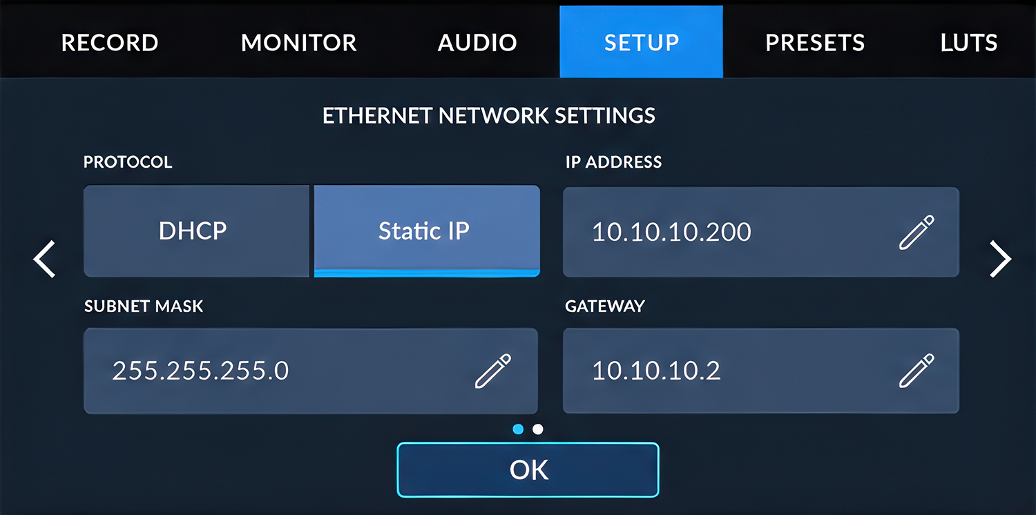 Blackmagic PYXIS manual IP address settings
