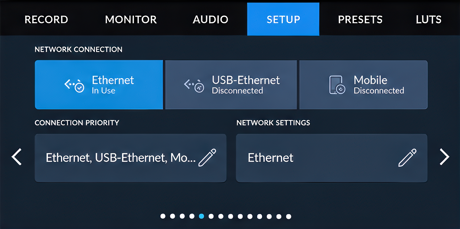 Blackmagic PYXIS Ethernet setup menu