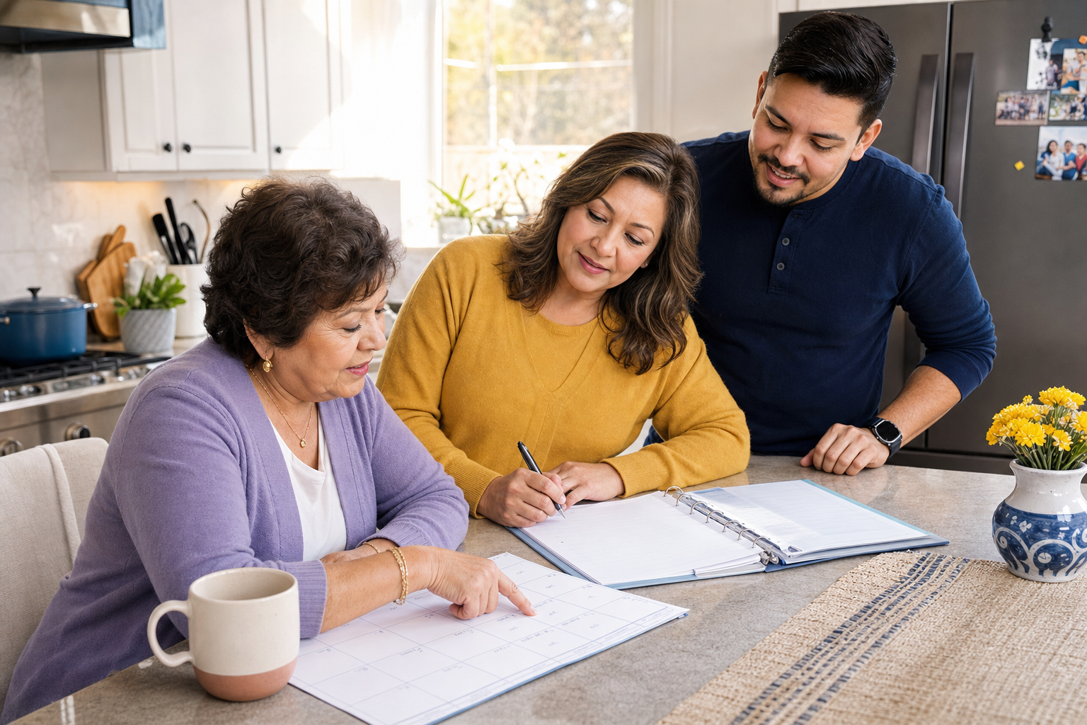 A multigenerational family creating a caregiving plan together