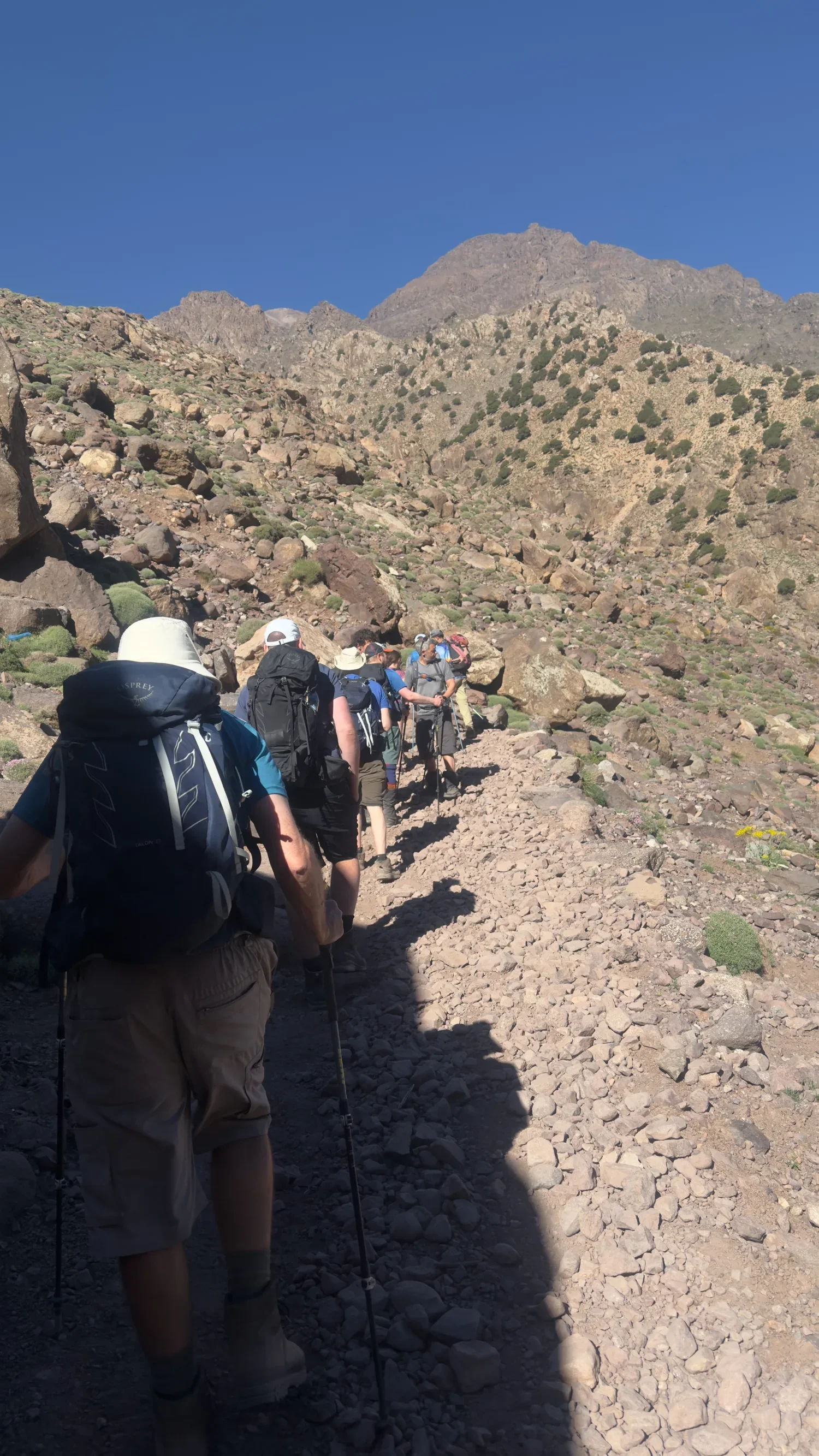 Walkers progressing together up a rocky trail in the Atlas Mountains, photographed from behind.