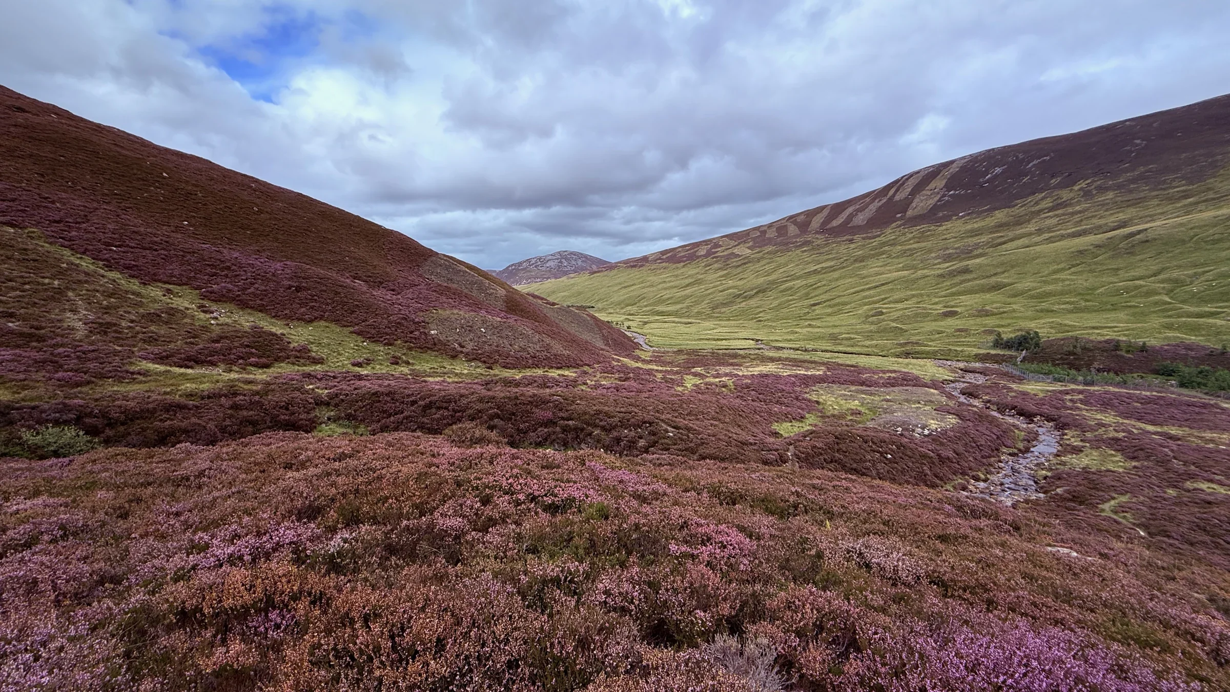 A narrow stony trail winds through purple heather into a broad Scottish glen beneath cloud-filled skies.