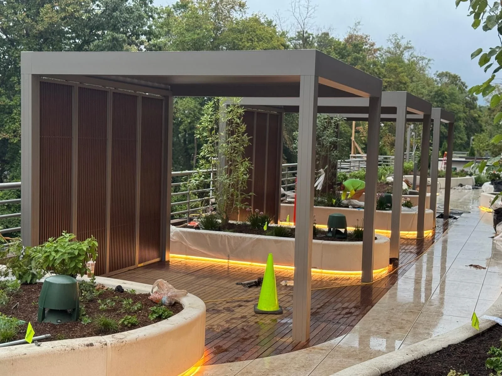 Multiple commercial pergolas installed by USSI in Arlington, Virginia
