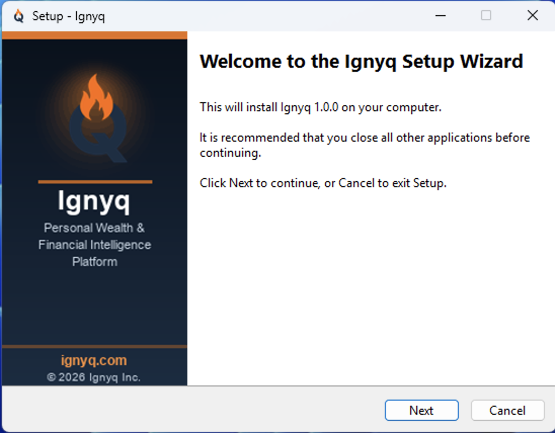 Ignyq Setup Wizard welcome screen showing 'Welcome to the Ignyq Setup Wizard' with Next and Cancel buttons