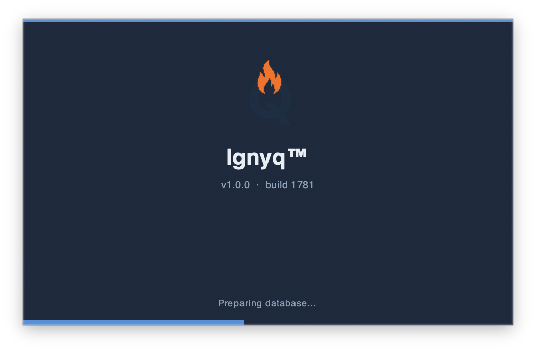 Ignyq splash screen showing the app loading with a progress bar