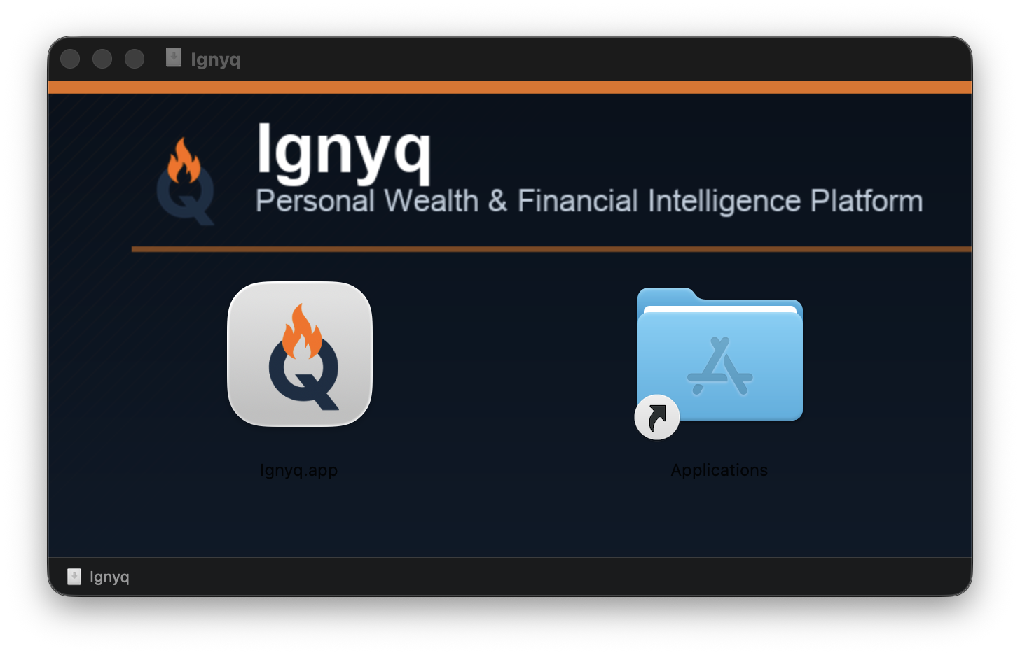 Ignyq DMG installer window &mdash; Ignyq.app icon on the left, Applications folder shortcut on the right with a drag arrow overlay